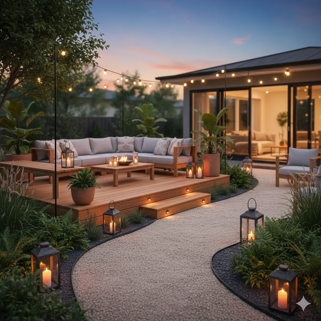 A split patio design featuring a cedar deck for lounging, bordered by a light gravel path and surrounded by leafy potted plants and garden lanterns.
