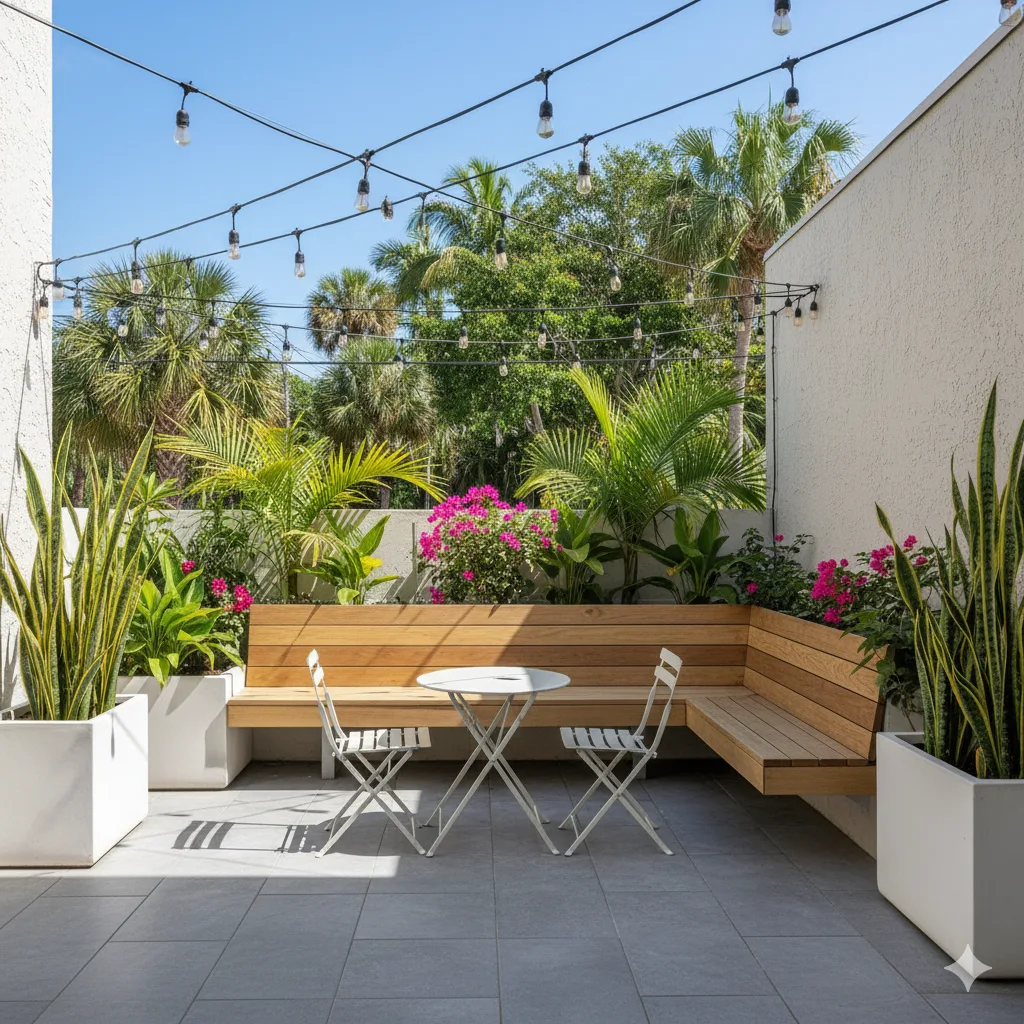A small urban patio paved with large, matte gray tiles, featuring a bench lined with planters, a small table, and soft string lighting above.