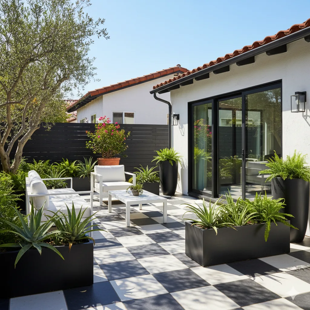 A modern black-and-white patio with a checkered tile floor, white lounge chairs, tall black planters, and a few ferns softening the sleek lines.