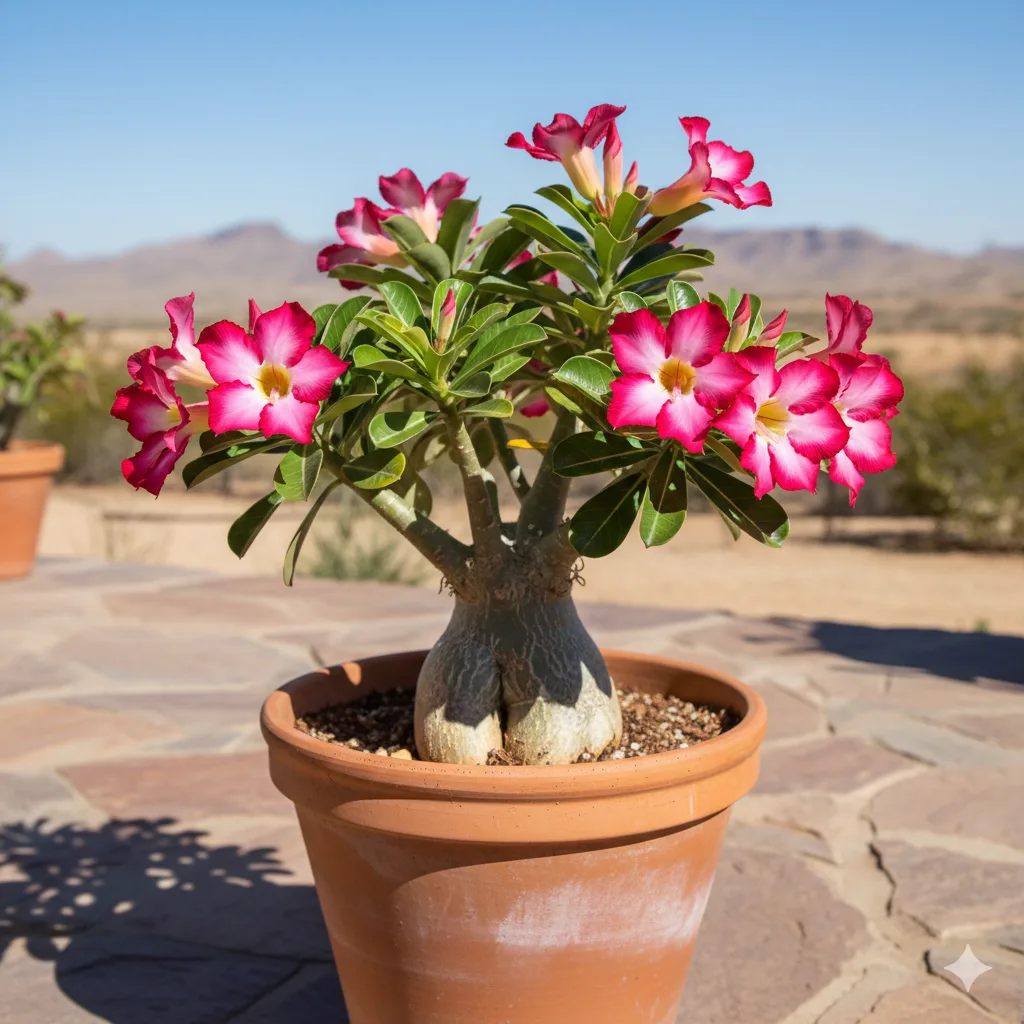 A healthy Desert Rose with glossy leaves and deep pink flowers growing in a clay pot under full sun, showcasing its thick, sculpted base and bright blooms.