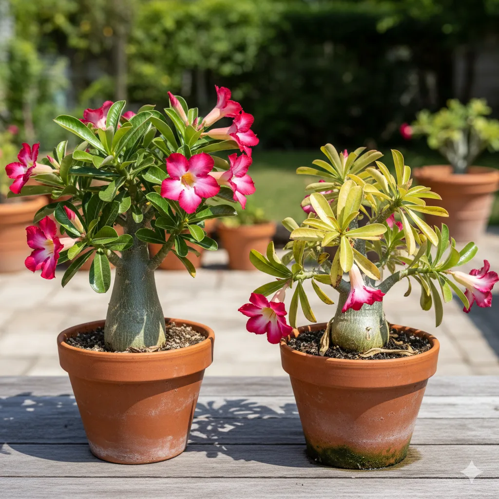 A healthy Desert Rose beside a struggling one — the healthy plant shows firm, green leaves and a thick trunk, while the overwatered one displays yellowing leaves and softened stems.