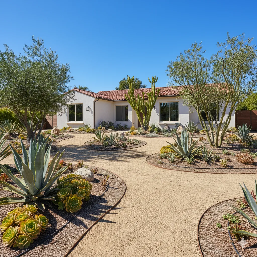 A front yard in Southern California featuring native succulents, decomposed granite walkways, and a few low-water trees thriving under full sun.