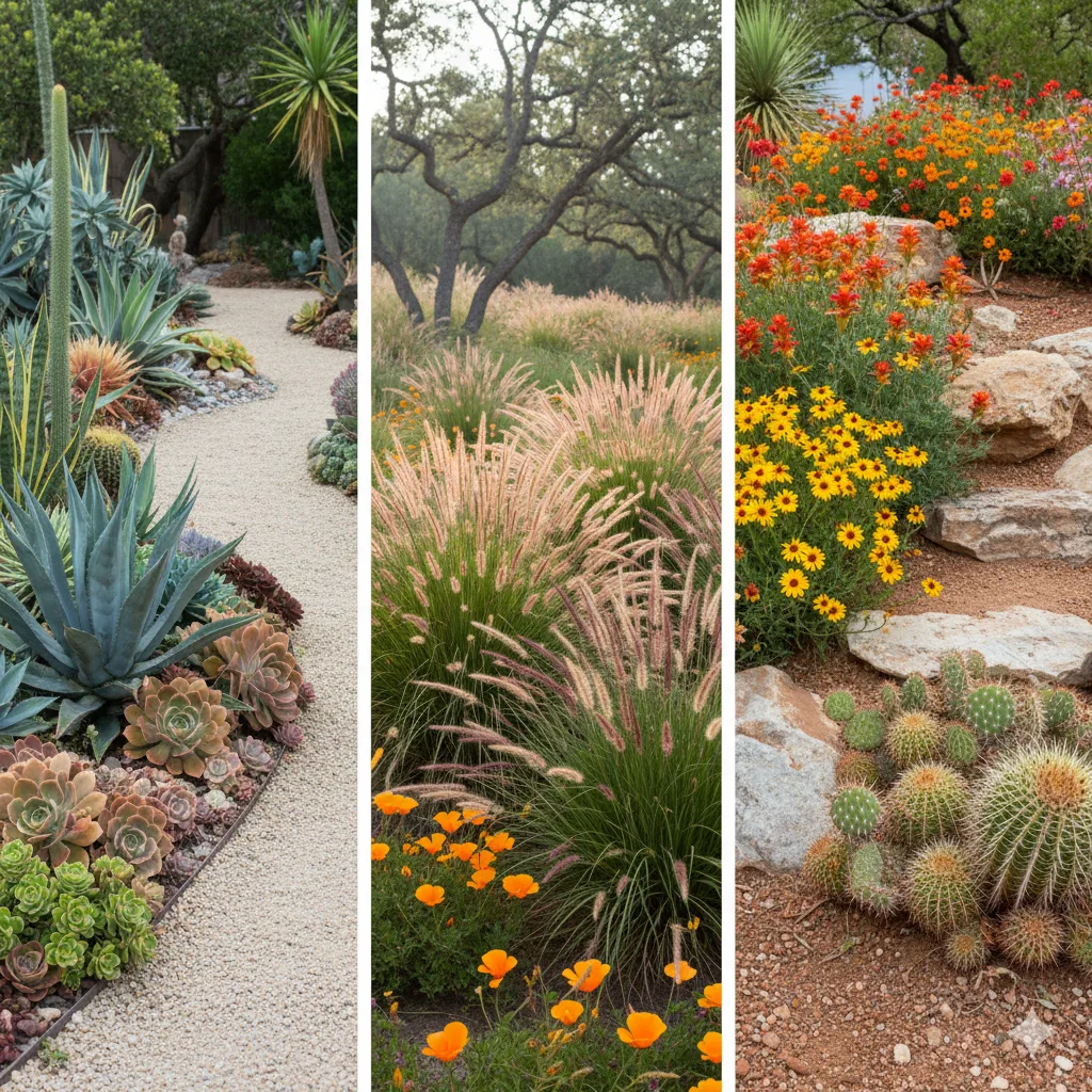 A collage-style backyard featuring regional drought-tolerant designs — a gravel path lined with succulents in Los Angeles, native grasses in Northern California, and desert blooms beside limestone rocks in Texas.