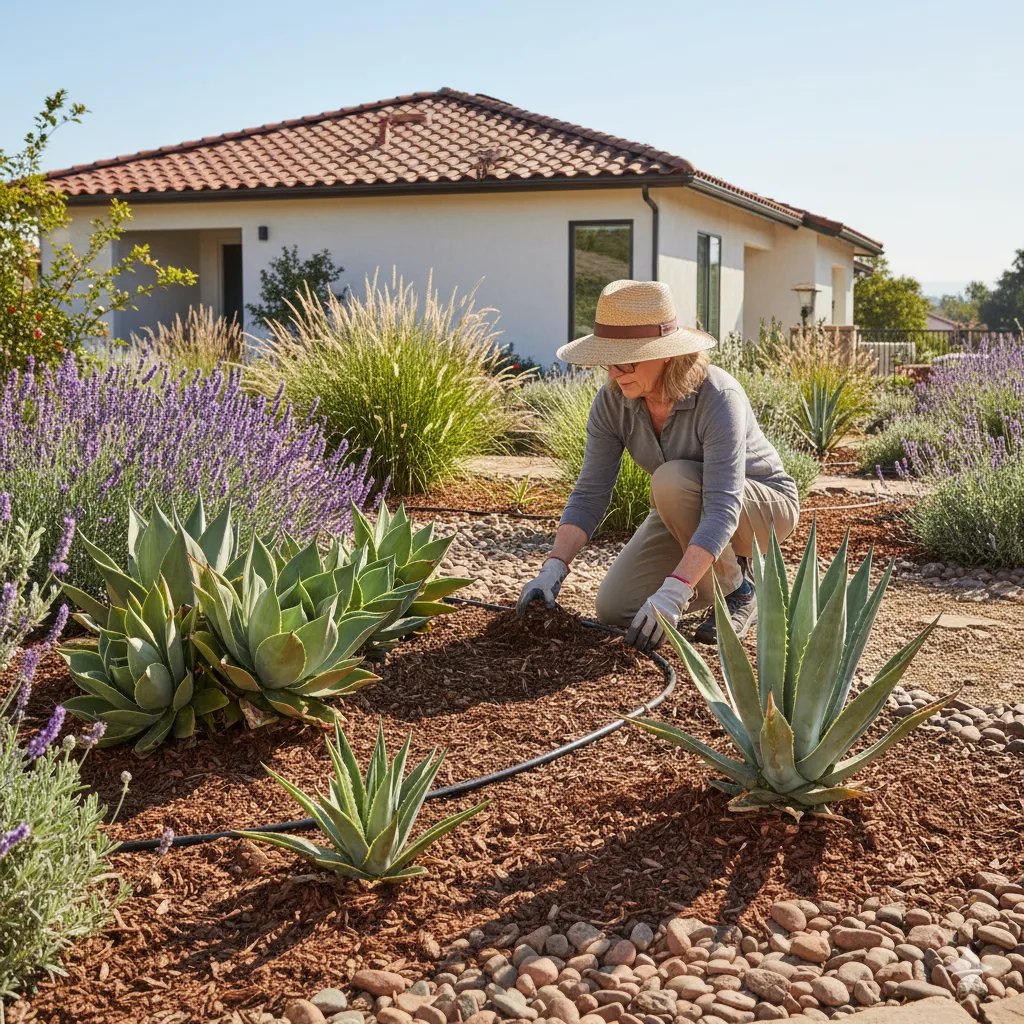 A homeowner adding mulch around succulents and adjusting a drip line in a sunny, well-maintained drought-tolerant garden.