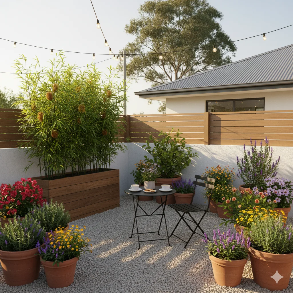 A cozy patio corner with gravel flooring, a bistro table, a potted bamboo screen, and layers of flowering pots creating a calm retreat.