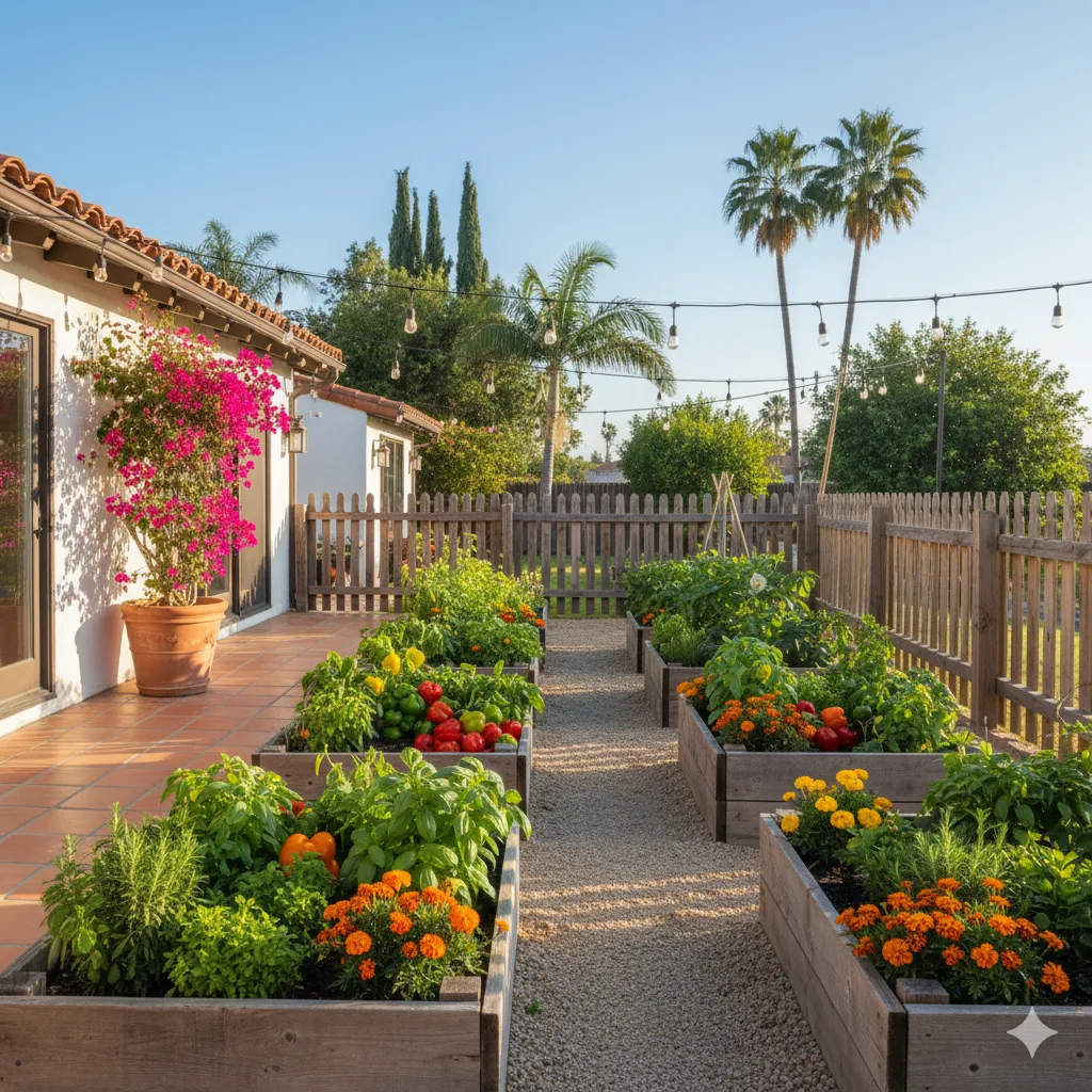 A vibrant kitchen garden beside a patio, filled with herbs, peppers, and marigolds in raised beds, bordered by a small gravel path and wooden fence.