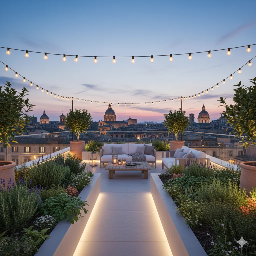 A lush rooftop garden with raised planters, cozy outdoor seating, and string lights, surrounded by herbs, ferns, and small flowering plants overlooking the city.