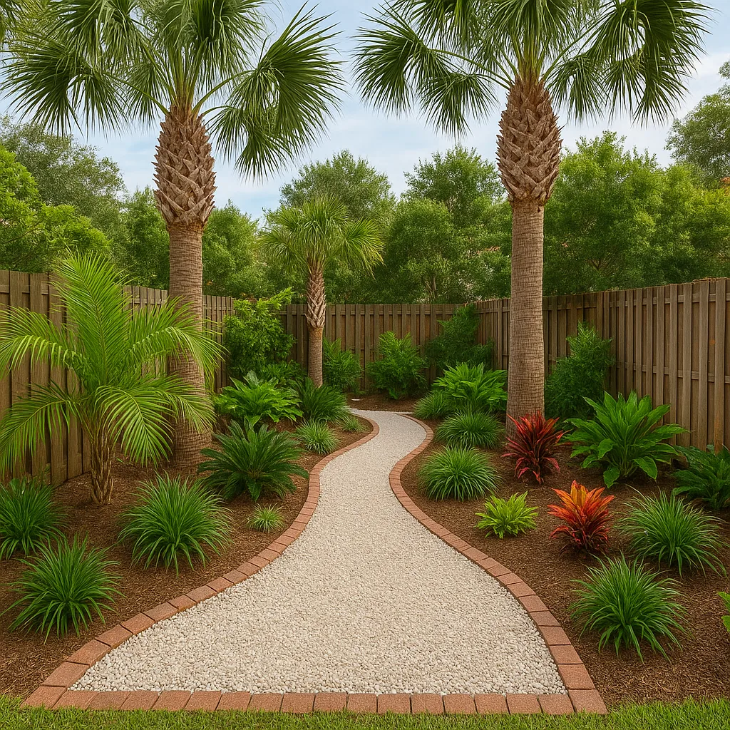 Florida-style backyard with native palms, crushed-shell paths, and low-maintenance tropical plants.