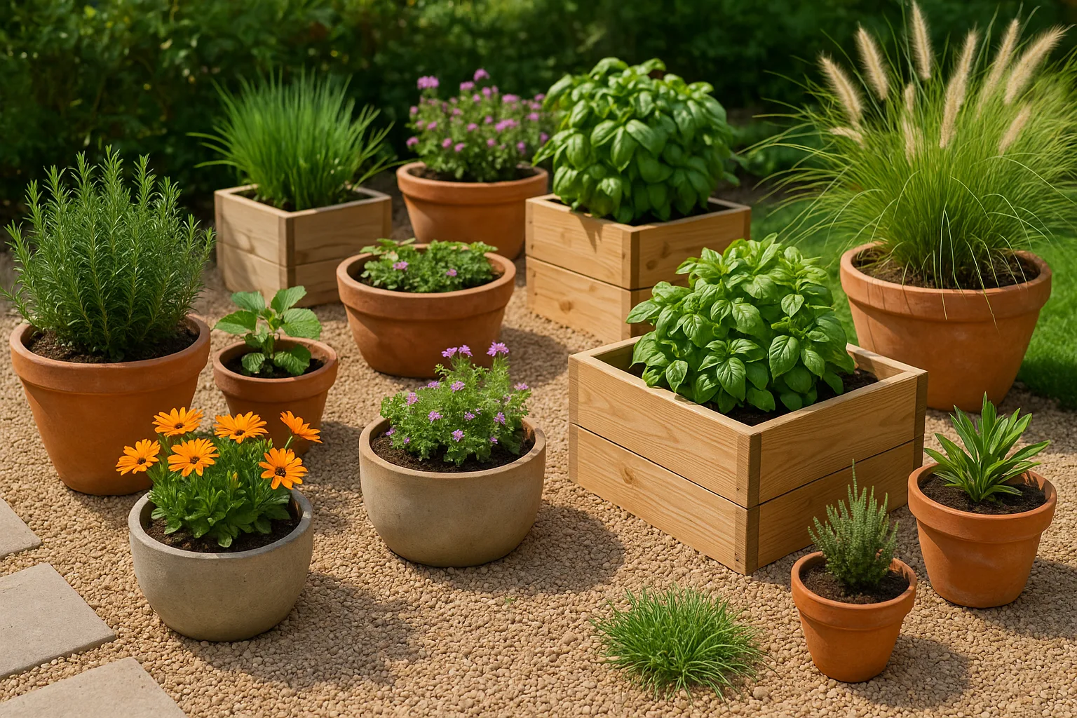 Cluster of pots and raised beds in mixed materials—terracotta, wood, and concrete—filled with herbs, flowers, and ornamental grasses.