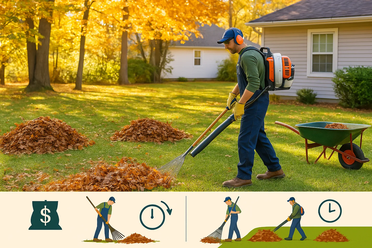 A wide image showing a landscaper finishing a yard with both a blower and a rake, piles of leaves neatly collected and ready for compost.