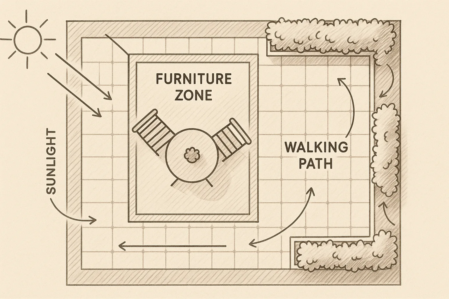 Overhead drawing showing furniture zones, walking paths, and sunlight direction.