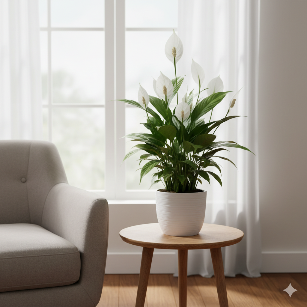 A glossy Peace Lily with white blooms sitting on a side table near a shaded window, surrounded by soft natural light and a ceramic white pot.