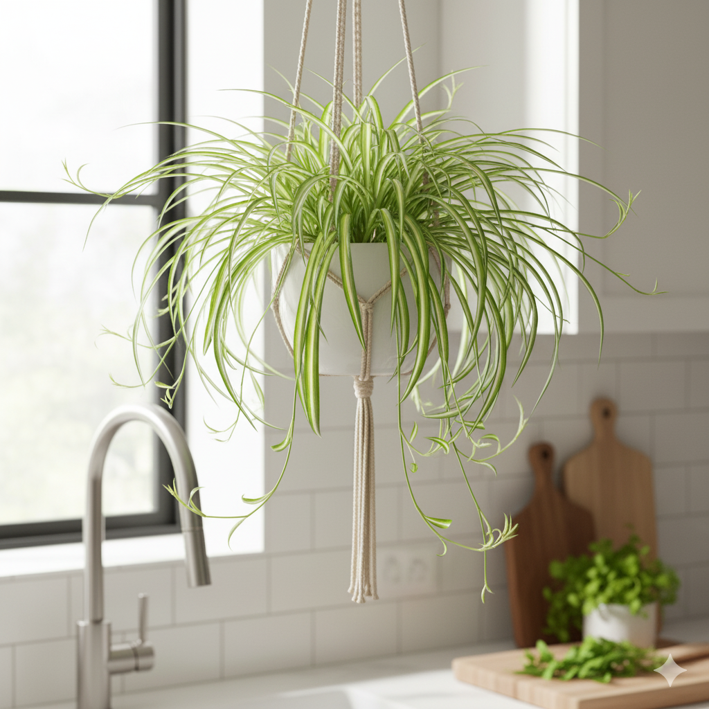 A lush Spider Plant hanging near a window, its long striped leaves and tiny baby plants trailing gracefully in a bright kitchen corner.