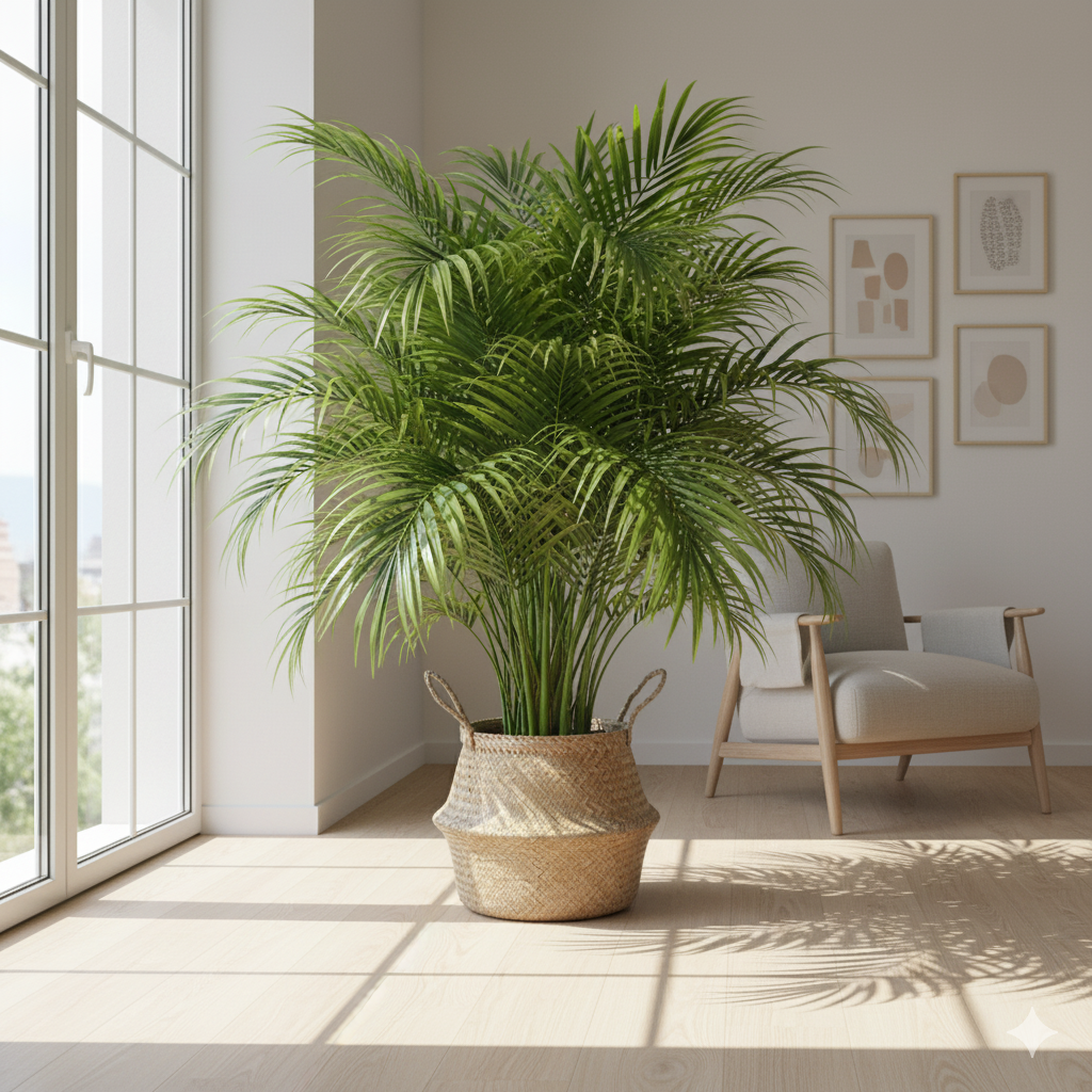 A large Areca Palm in a woven basket placed beside a sunny window, casting soft green shadows across a bright, airy living room.