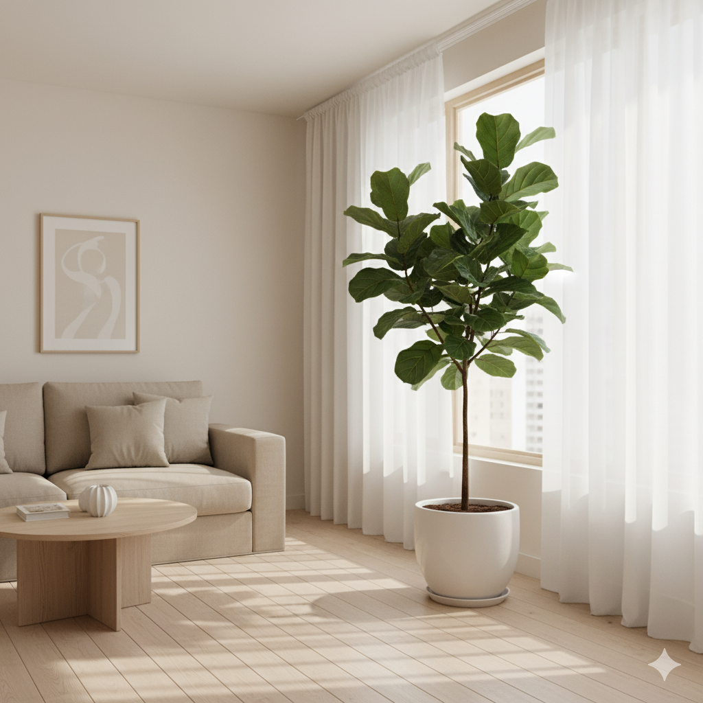 A tall Fiddle Leaf Fig standing beside a bright living room window, surrounded by neutral-toned furniture and sunlight filtering through sheer curtains.