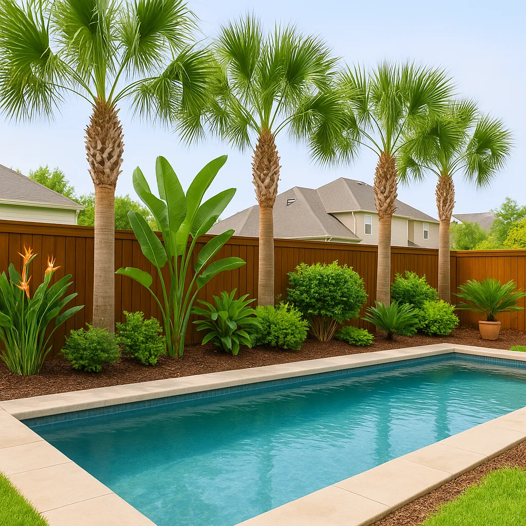 Poolside lined with tall palm trees and smaller tropical plants beneath, softly illuminated by warm lighting at dusk.