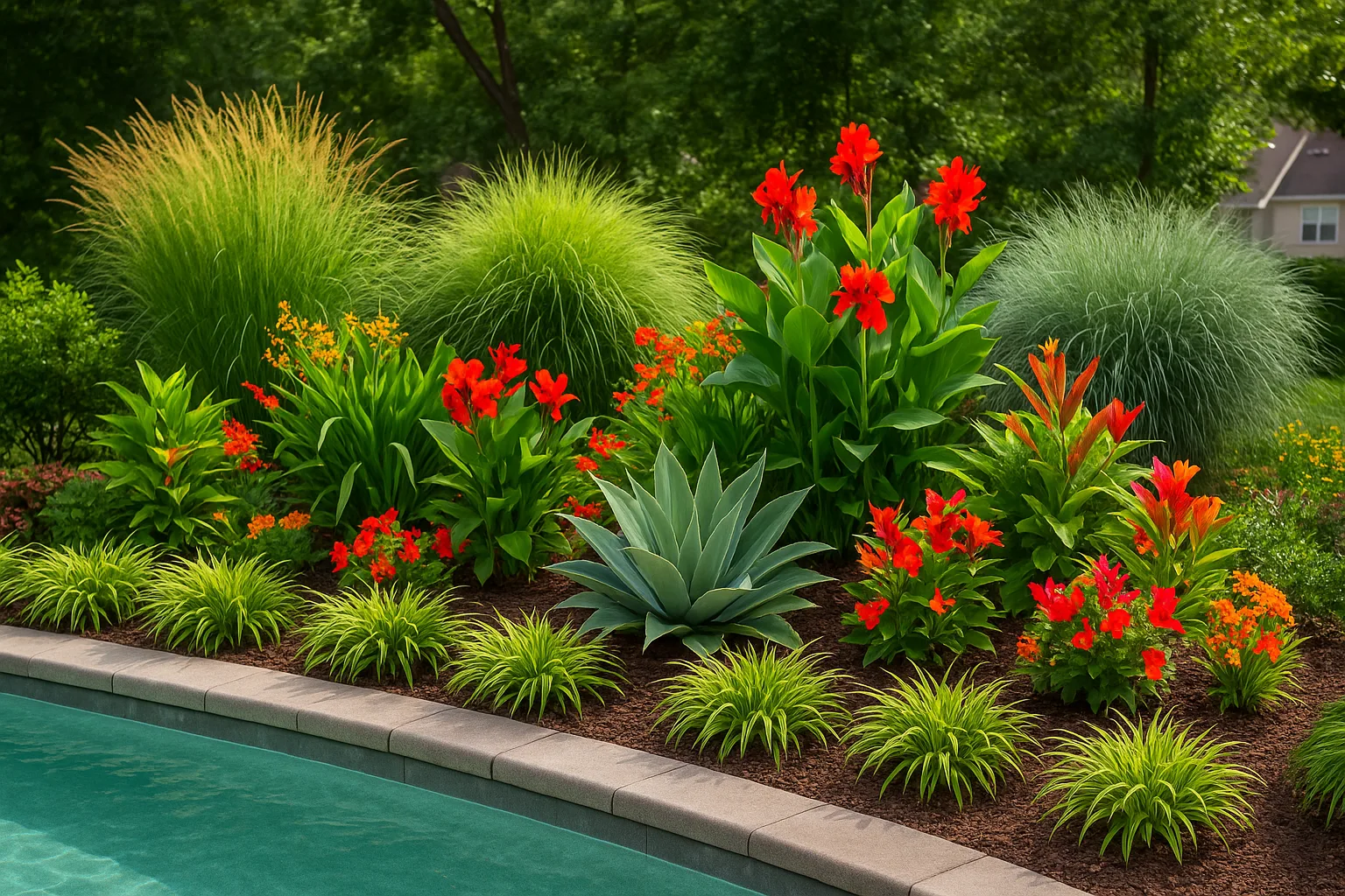 Lush poolside garden featuring layered ornamental grasses, agave, and colorful tropical blooms, neatly bordered by smooth stone edging.