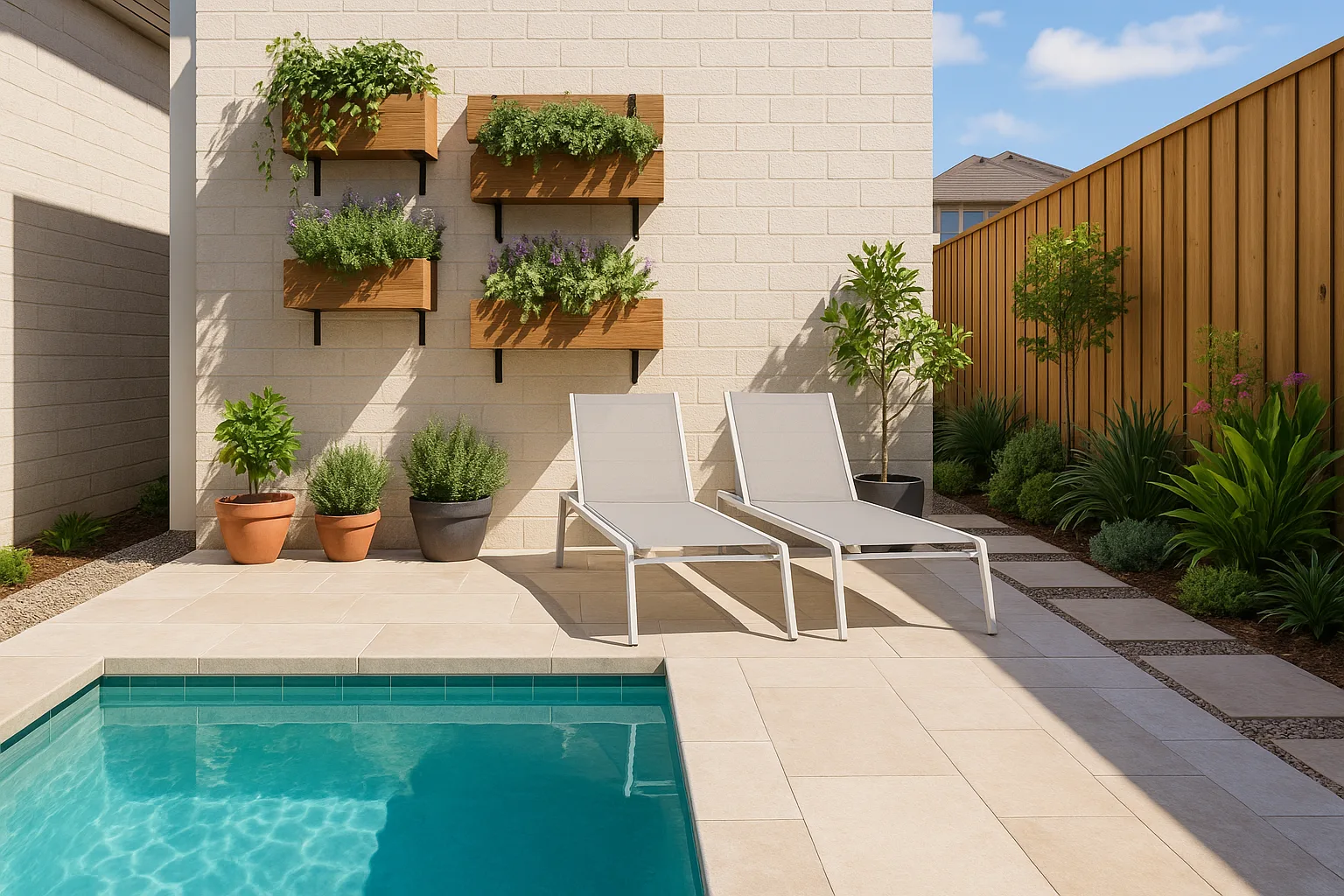 Image: Compact poolside patio with vertical planters, pale stone flooring, and minimalist lounge chairs beside a clear blue pool.