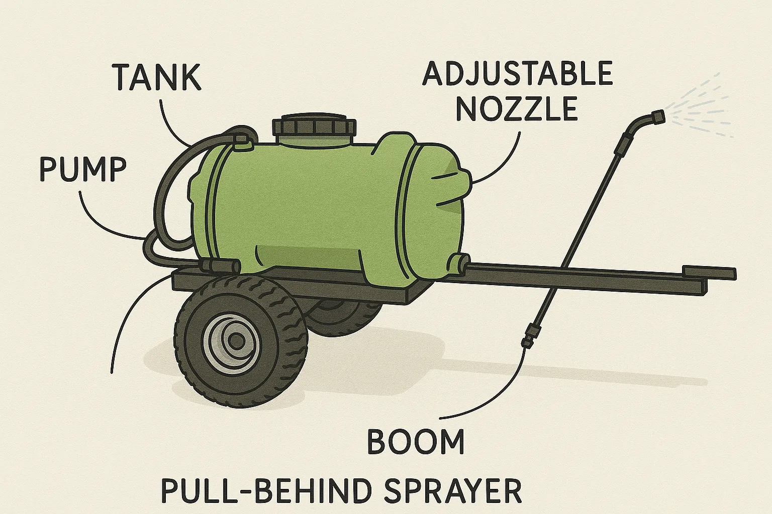 Labeled diagram showing the tank, pump, hose, boom, and adjustable nozzle on a typical pull-behind sprayer.