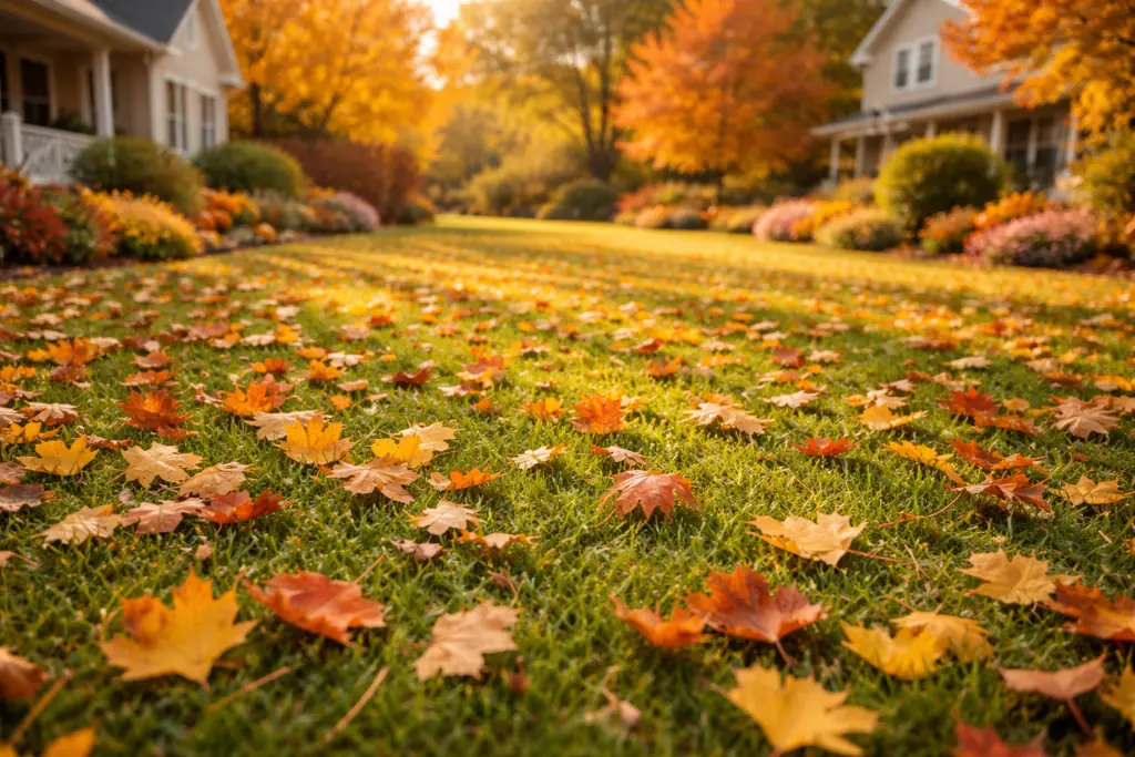 Lawn in fall with autumn leaves
