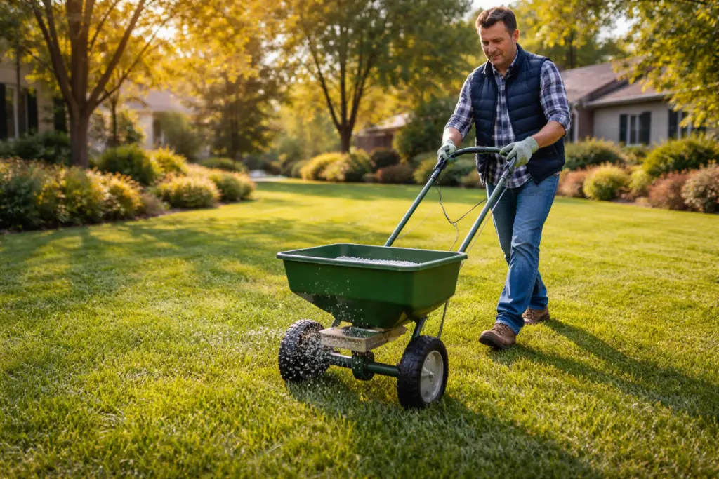 Spreading fertilizer on a green lawn