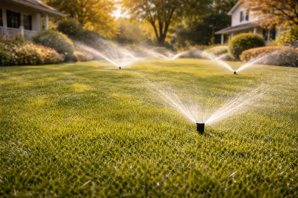 Lawn sprinkler system watering green grass