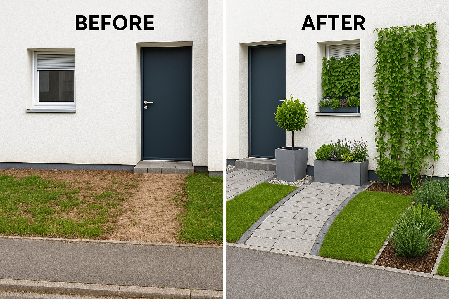 A before-and-after comparison of a small front yard — one side bare and the other featuring planters, a narrow walkway, and vertical greenery on the wall.