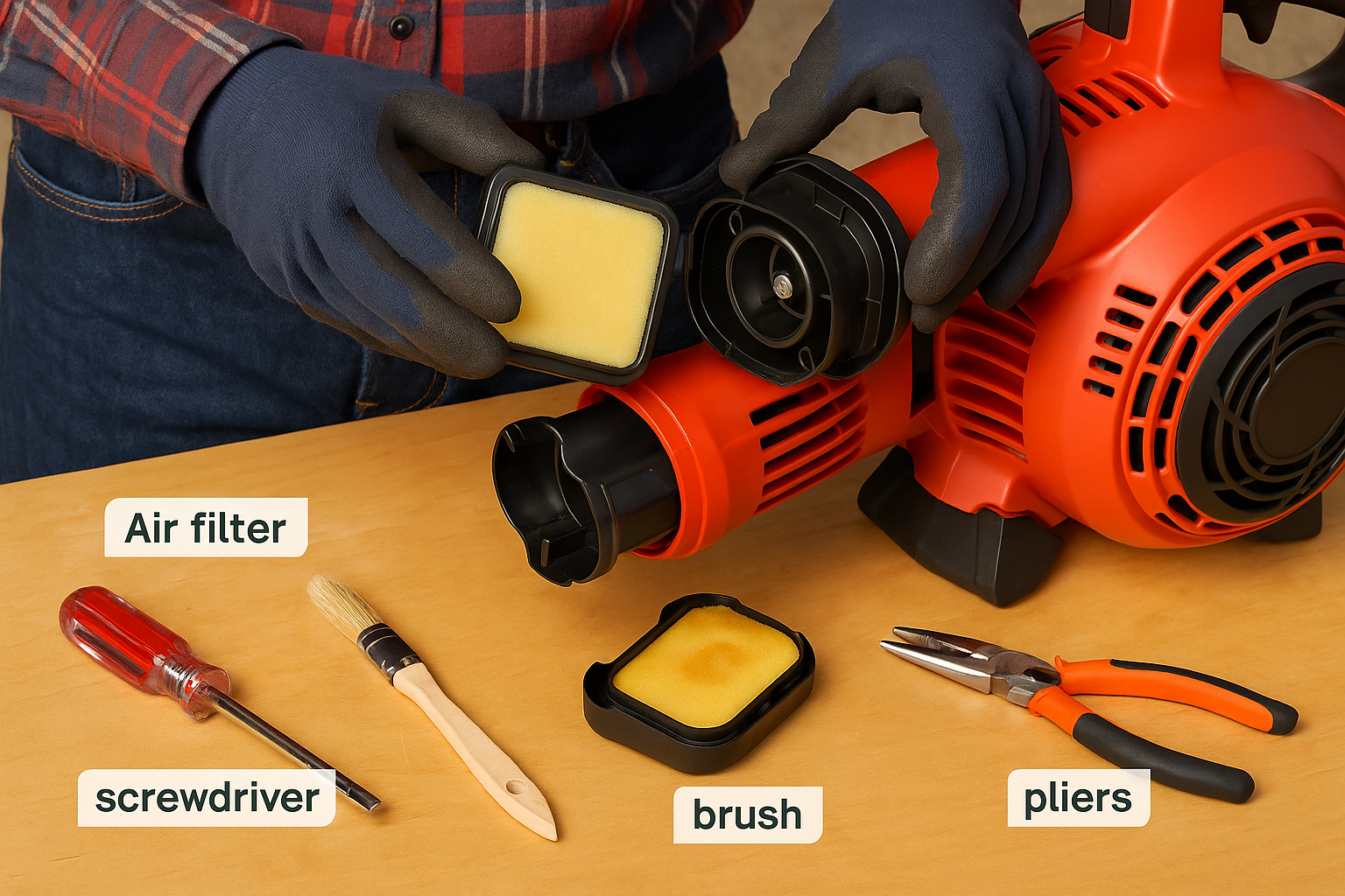 A close-up image showing a homeowner cleaning the air filter of a gas leaf