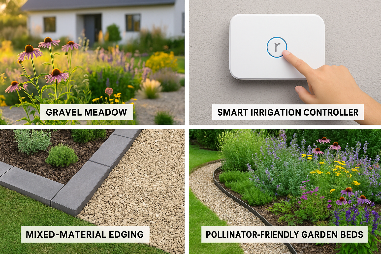 A collage of trending front yard elements — gravel meadow, smart irrigation controller, mixed-material edging, and pollinator-friendly garden beds.