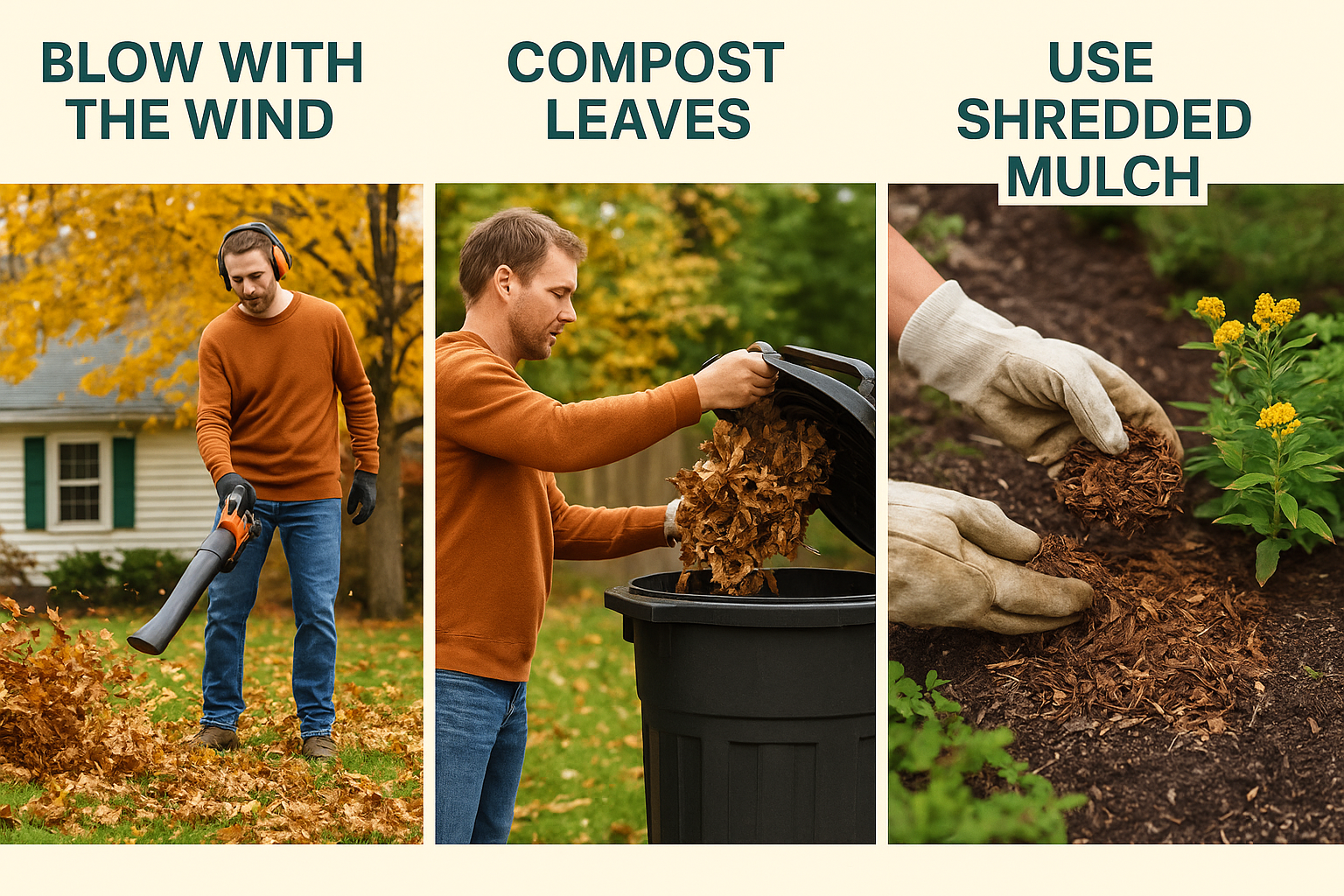 A collage showing a homeowner blowing leaves with the wind, composting them in a bin, and using shredded mulch in a flower bed.