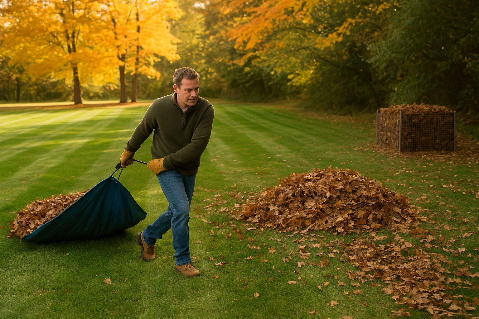 A homeowner pulling a tarp full of leaves toward a compost area, with neat rows of cleared lawn behind them.