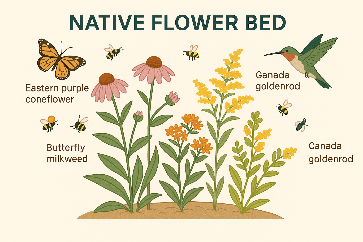 A native flower bed filled with coneflowers, milkweed, and goldenrod surrounded by small pollinators — butterflies, bees, and hummingbirds — with labels identifying each plant species.