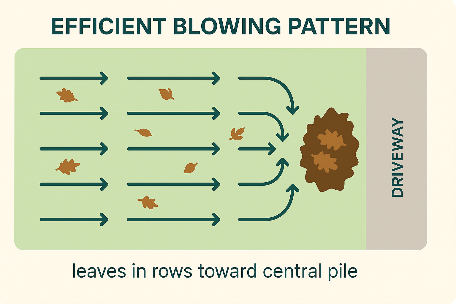 A simple diagram showing an efficient blowing pattern — arrows leading leaves in rows toward one large central pile near the driveway.