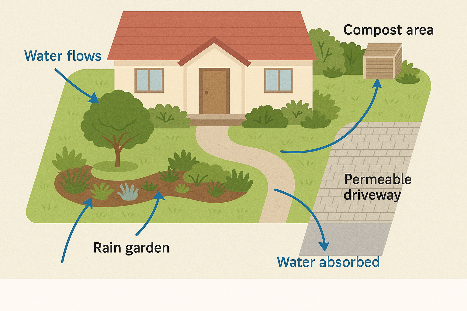 Diagram showing a front yard with a rain garden, permeable driveway, and compost area — arrows illustrating how water flows and gets absorbed.