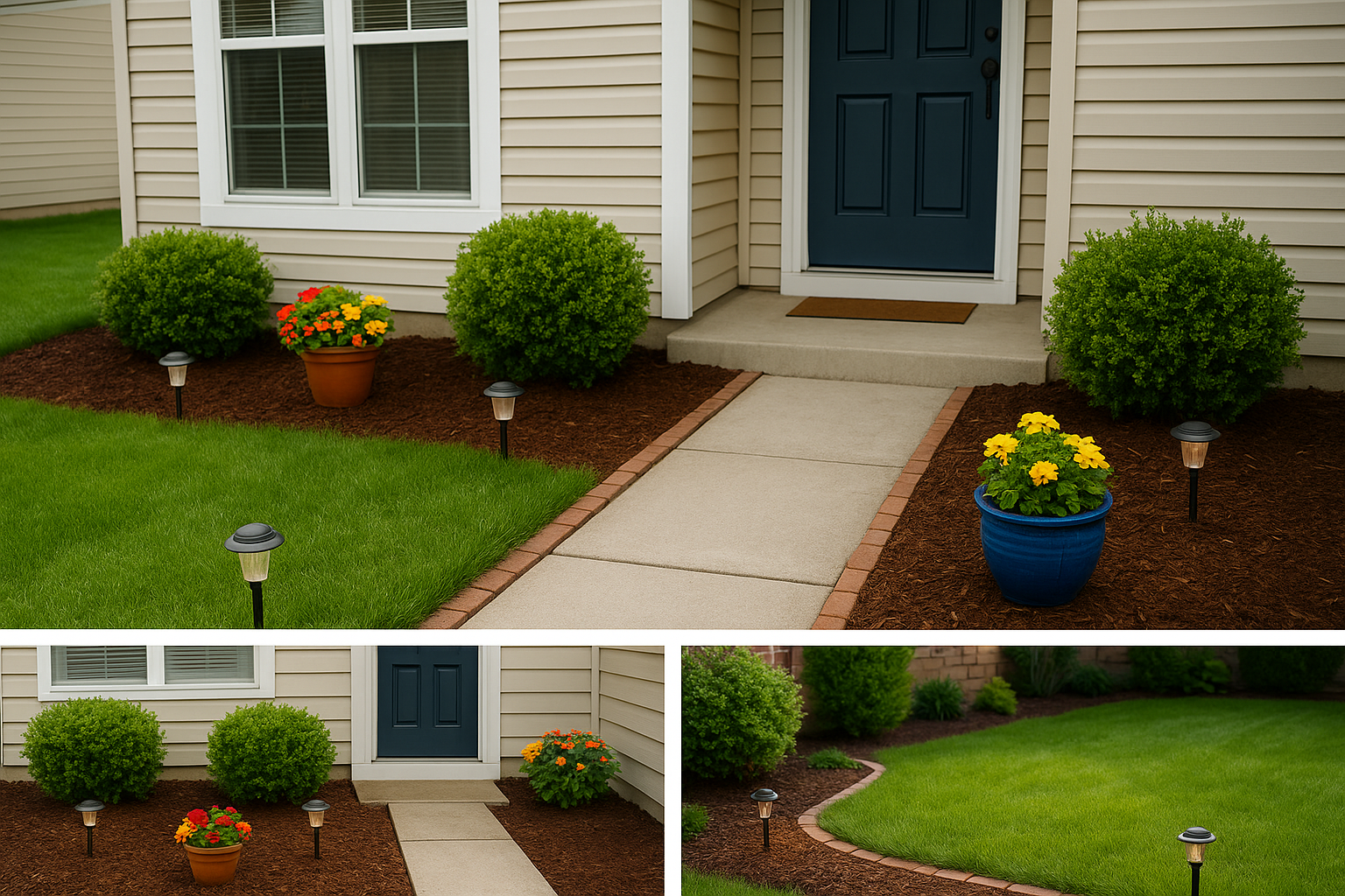 Neat front yard with mulch beds, solar lights, and bright potted plants near the entry walkway.