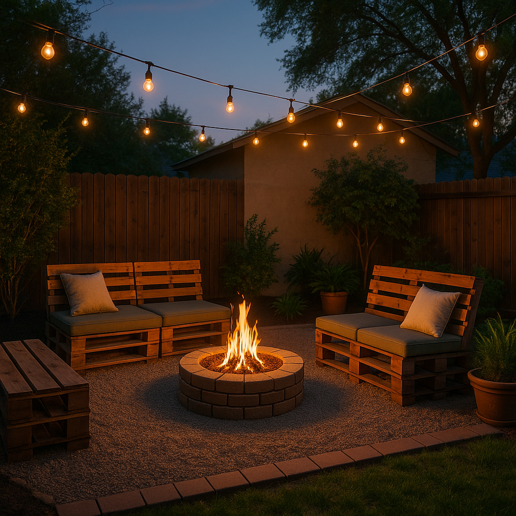 Cozy backyard with a DIY fire pit, pallet furniture, and string lights glowing at dusk.