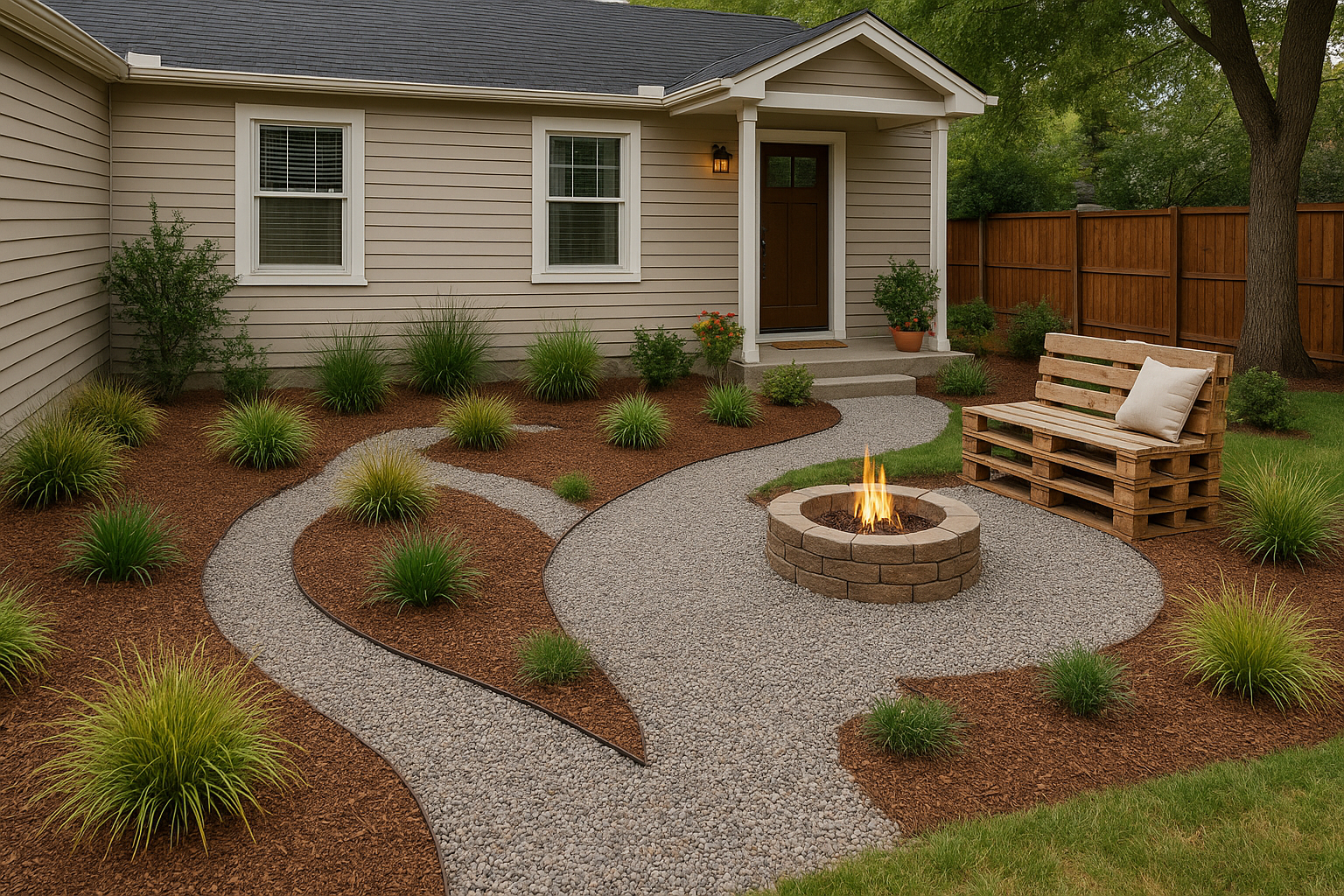 Low-maintenance front yard with gravel paths, native grasses, and mulched flower beds.