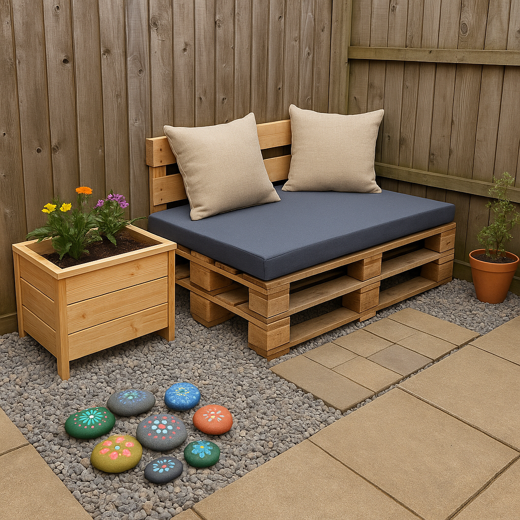 DIY patio corner featuring pallet seating, a homemade planter, and decorative painted stones.
