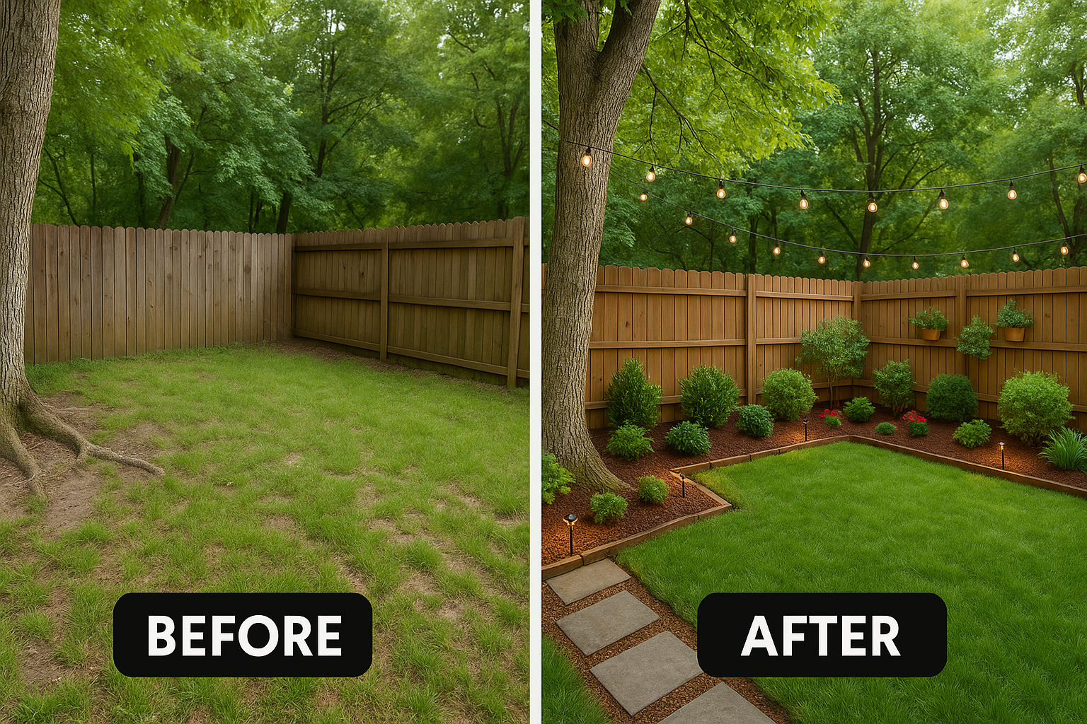 Before-and-after photo of a backyard showing new garden beds, fresh mulch, and added lights for ambience.