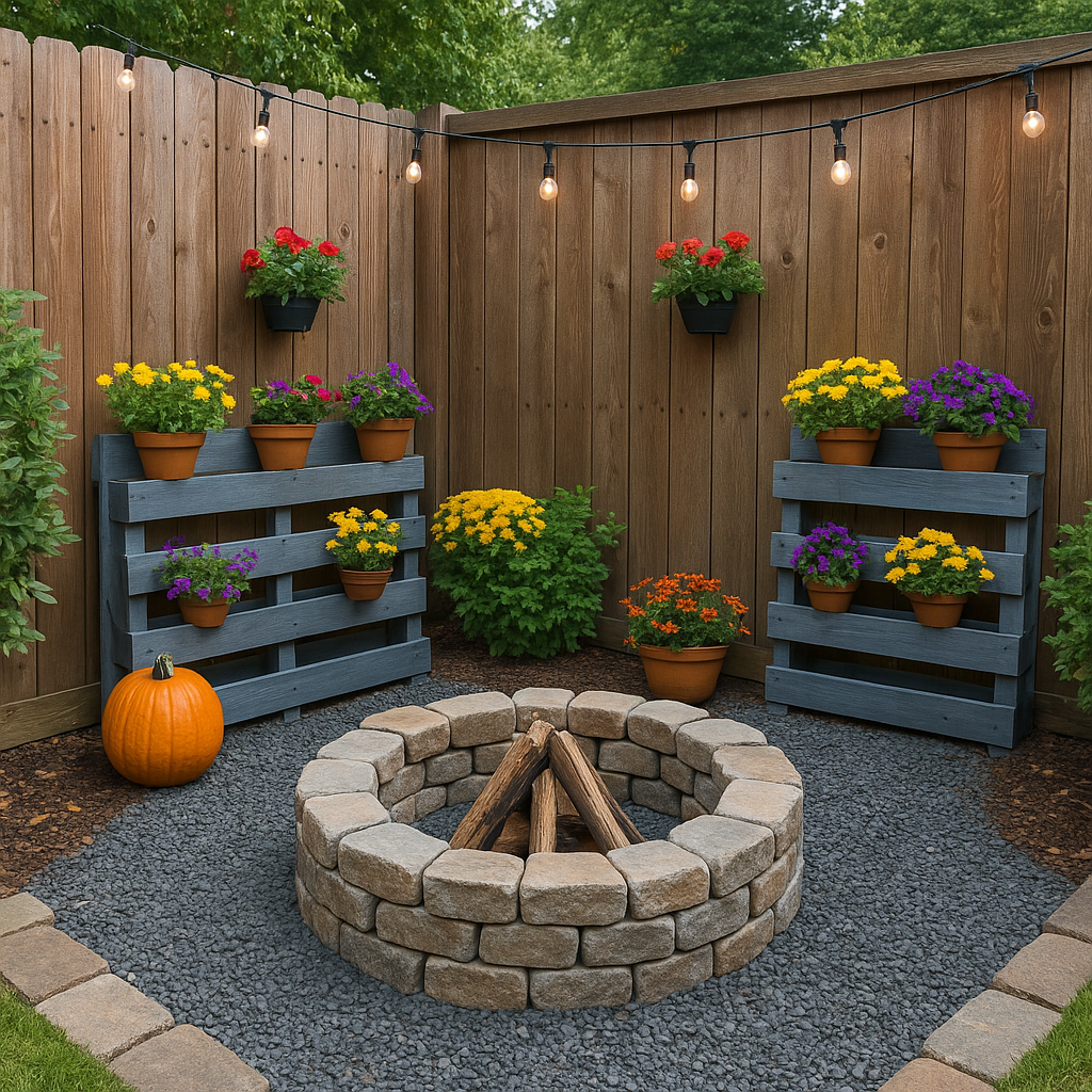 A backyard corner with a DIY stone fire pit, painted pallets used as planters, and seasonal decorations of flowers and string lights.