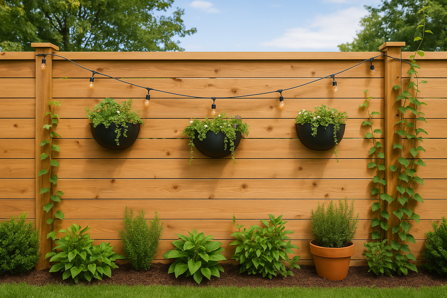 Modern wooden privacy fence with hanging planters, string lights, and vines climbing toward the top rail.