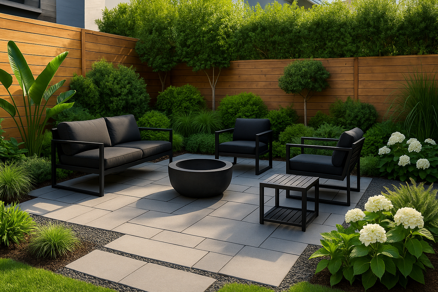Modern backyard with black furniture, gray pavers, and lush green plants accented by white flowers and warm wood fencing.