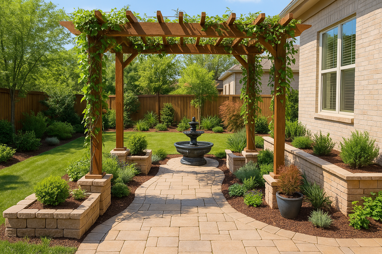 Backyard pergola with climbing vines, a stone walkway, and a small fountain surrounded by planters that echo the home’s materials.