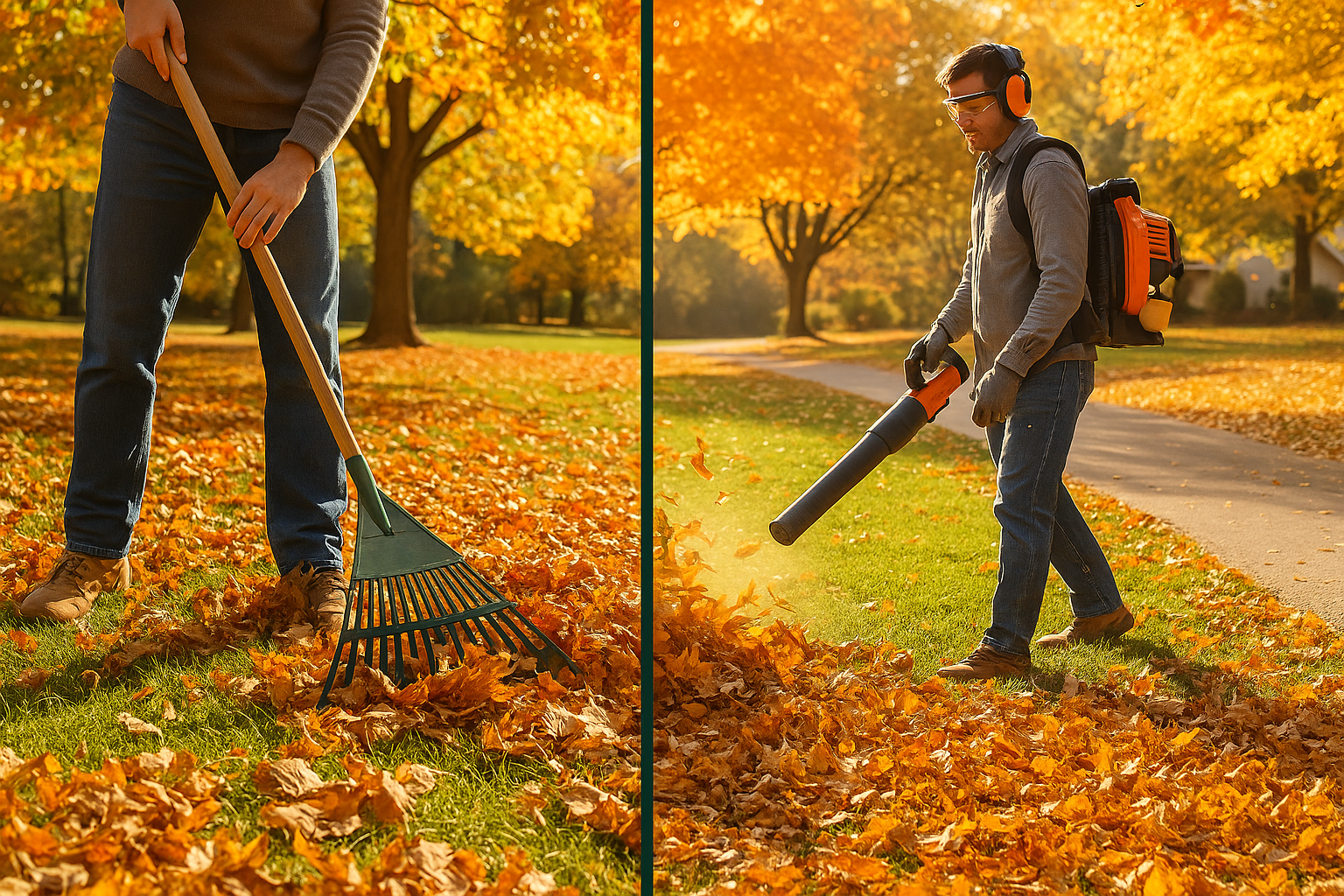 A split-screen image showing one side of a yard being raked by hand and the other cleared with a leaf blower under warm autumn sunlight.