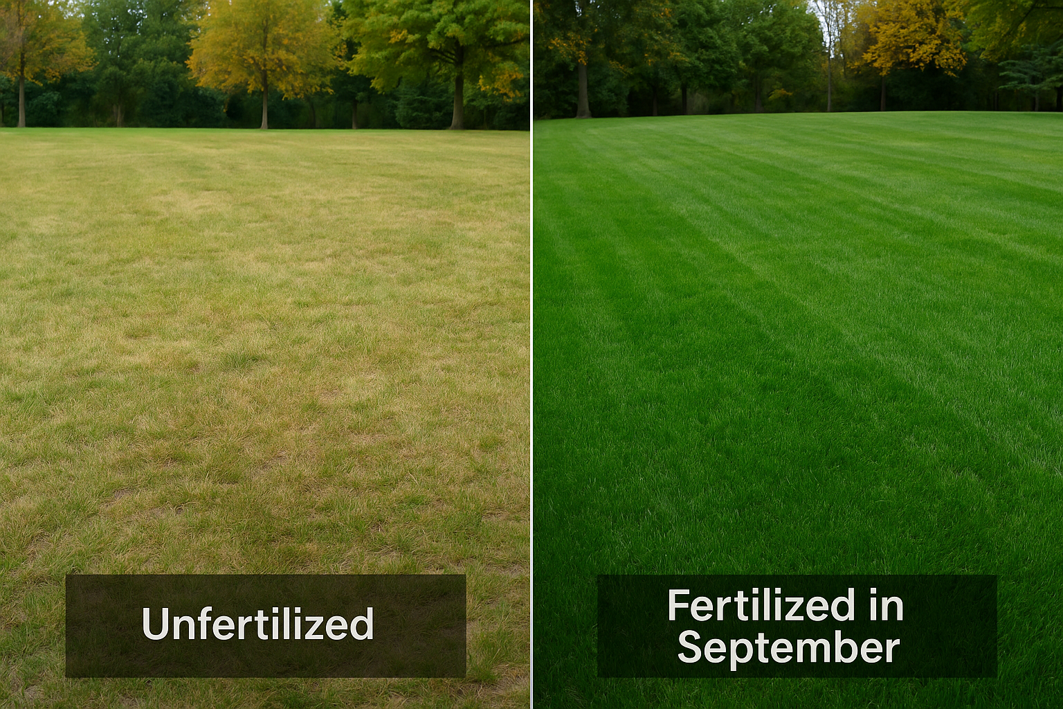 Two photos side by side — one showing a pale, thin fall lawn without fertilizer, and the other showing a dense, green lawn treated in September.
