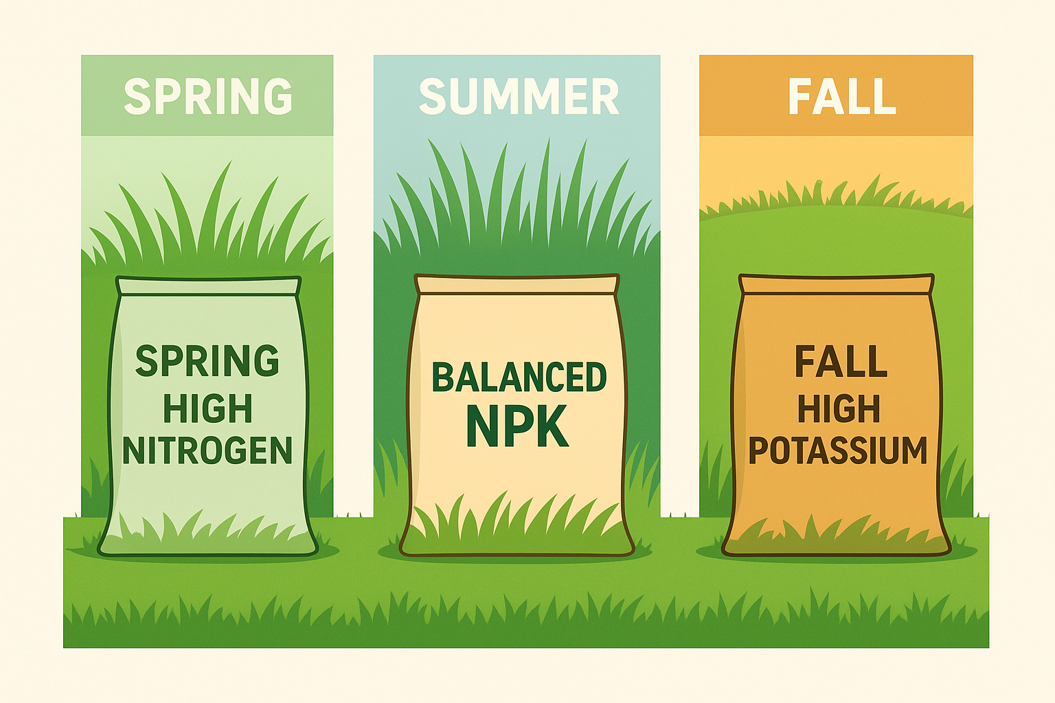 A simple image showing three fertilizer bags labeled “Spring: High Nitrogen,” “Summer: Balanced NPK,” and “Fall: High Potassium.” Each bag is illustrated beside a green lawn matching the season.