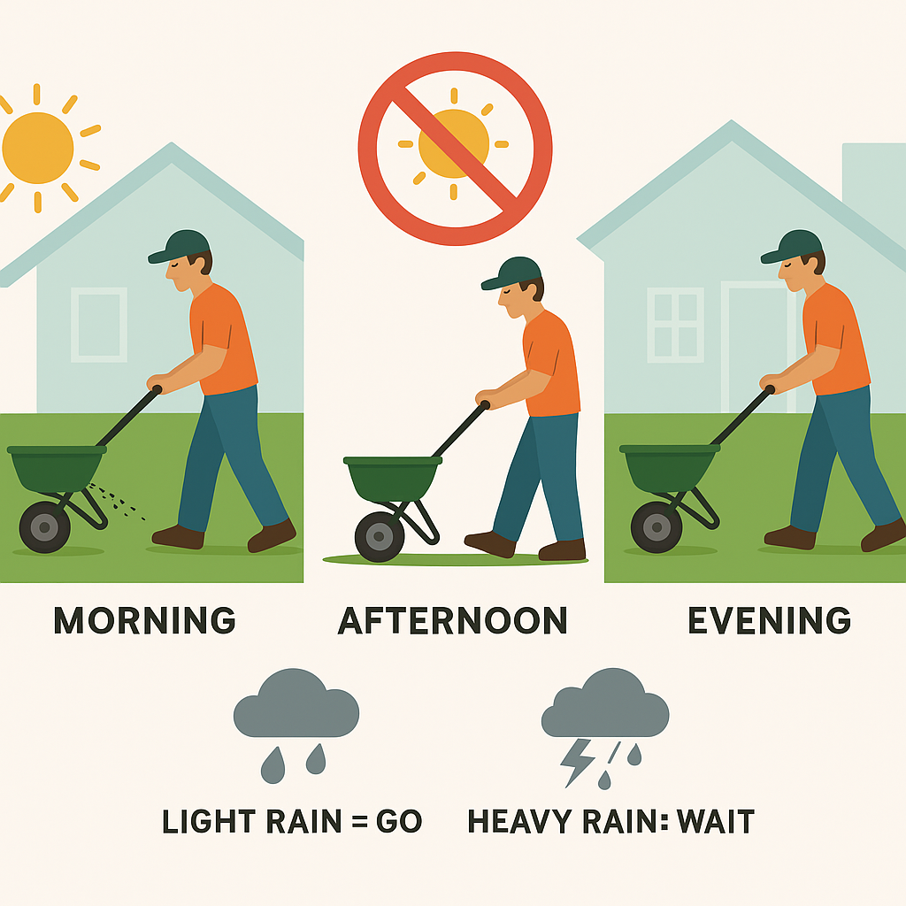 A simple homeowner diagram showing three scenes — one fertilizing in the cool morning, one in the calm evening, and a “no” symbol over a bright midday sun. A small icon shows rain clouds labeled “light rain = go” and storm clouds labeled “heavy rain = wait.