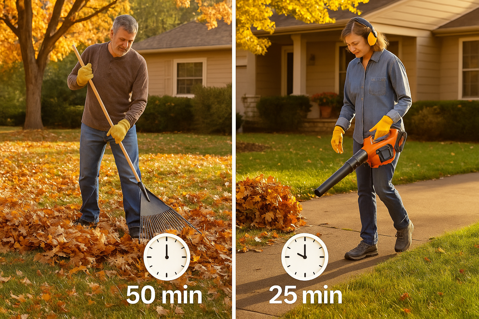 A side-by-side photo showing a homeowner with a rake and another using a blower, with clock icons representing the time difference for cleanup.