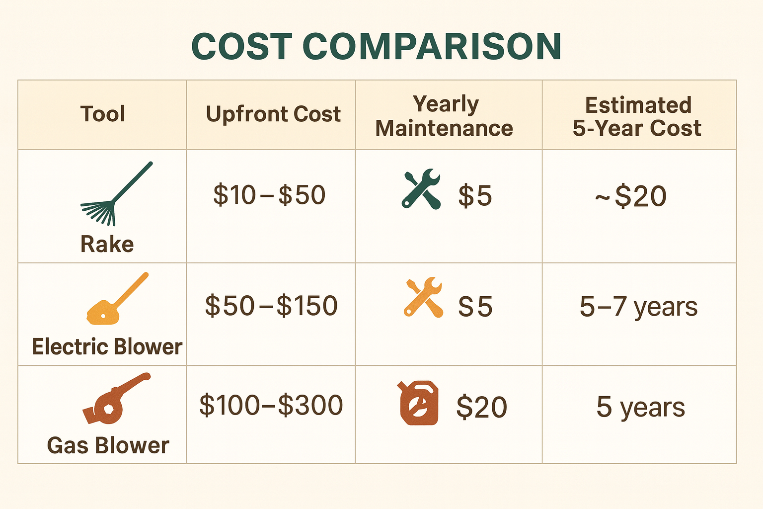 A clean comparison chart showing rakes vs. electric and gas blowers, with icons for price tags, maintenance tools, and lifespan indicators.
