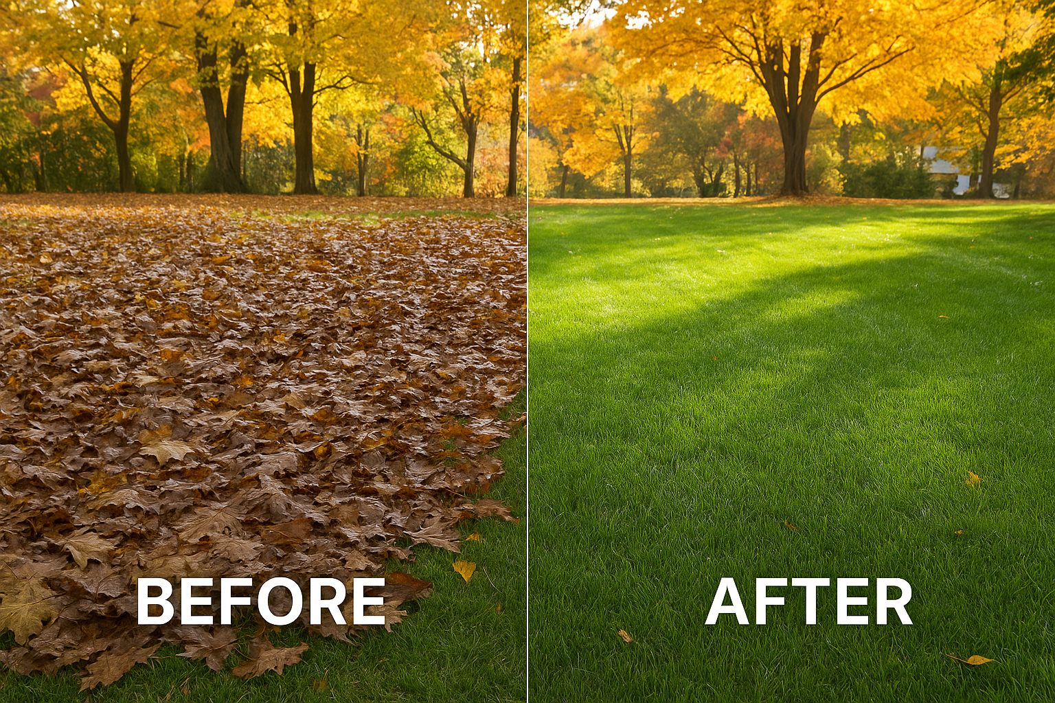 A before-and-after photo showing a healthy, freshly cleared lawn beside one smothered with wet leaves.